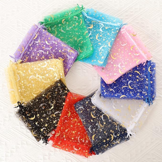 Hopttreely 100 Pieces Moon Star Organza Bags, Mixed Color 4x4.72 Satin - Image 3