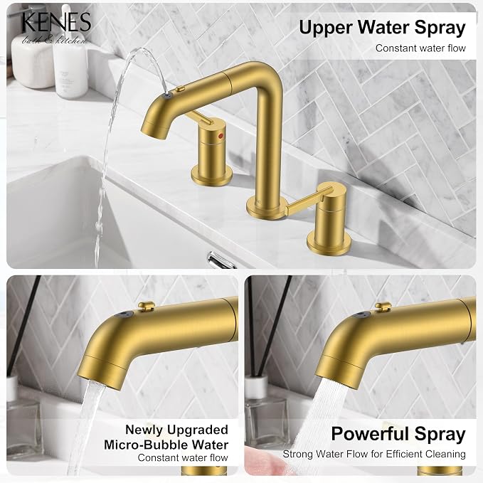 KENES Brushed Gold Pull Down Bathroom Faucet, 8 Inch 2 Handle Widespread - Image 3
