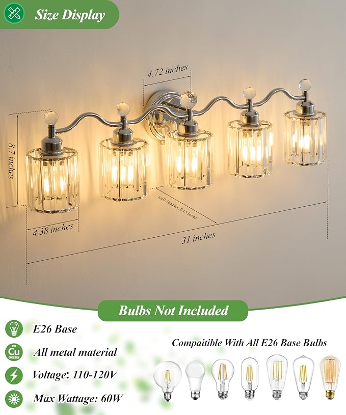 Bathroom Vanity Light, Modern Crystal Bathroom Ligth Fixture, Chrome 5 Light - Image 3