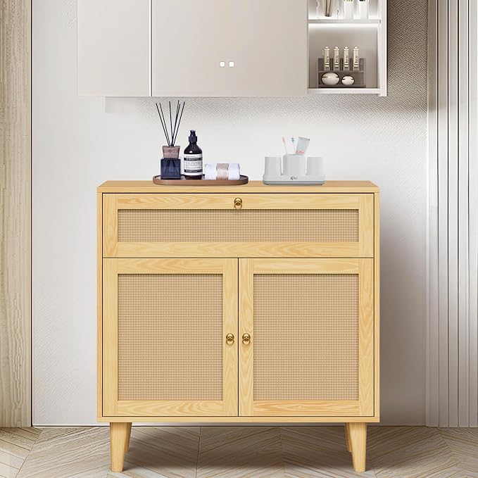Storage Cabinet with Rattan Decor Doors & Drawer, Modern Bathroom Floor Storage - Image 6