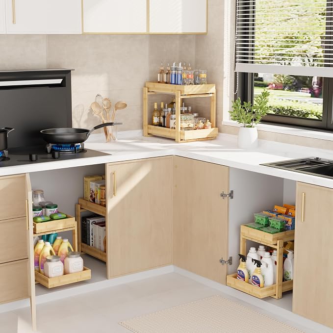 Bamboo Wood Under Sink Organizer 2 Pack, Pull Out Cabinet Organizer 2 Tier - Image 4
