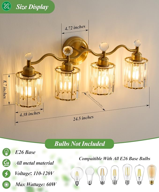 Modern Crystal Bathroom Vanity Light, 4-Lights Bathroom Light Fixtures - Image 4