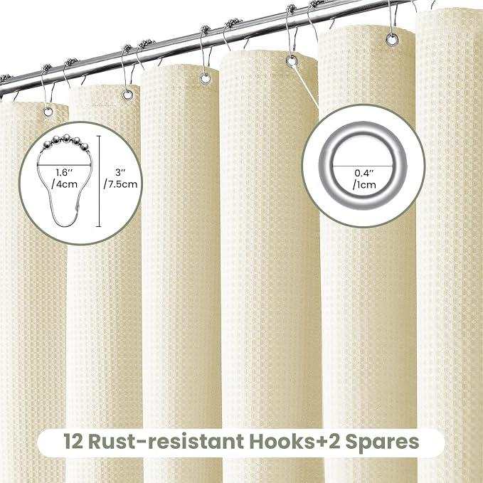 Inhousolu Fabric Shower Curtain Waffle Weave, 230 GSM Heavy Duty, Weighted Hem - Image 2