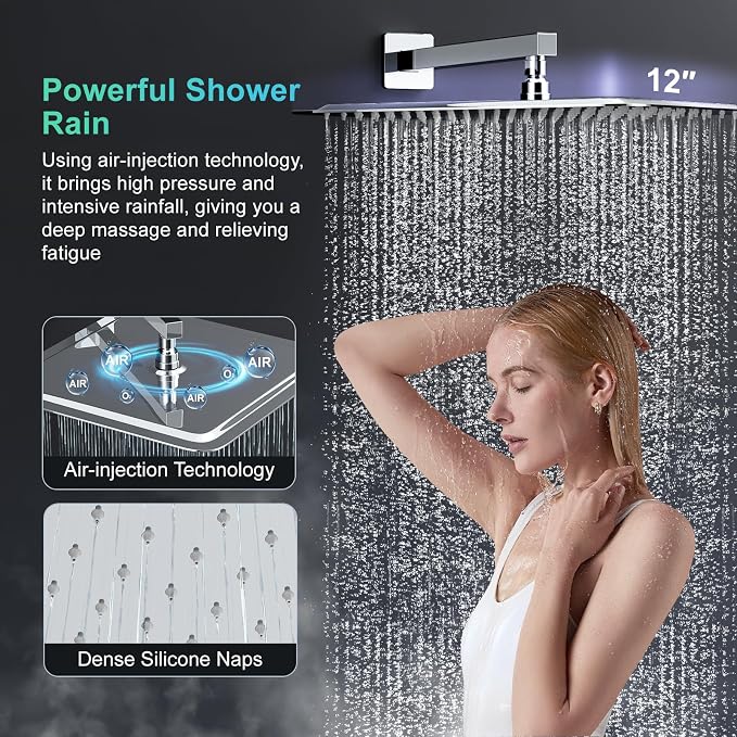 SR SUN RISE 12 Inch Slide Bar Shower System, Square Rain Shower Head and - Image 3