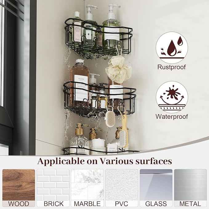 Black corner shower caddy with depth caddy and Built in 12 hooks rustproof wall - Image 5