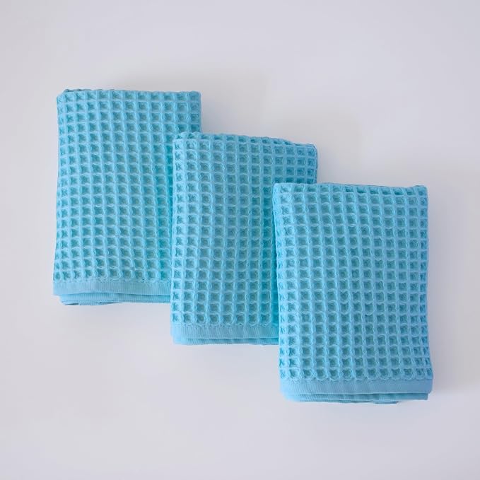 PÜSKÜL Organic Waffle Kitchen Towel 100% Turkish Cotton Set of 3 Turquoise by P%C3%BCsk%C3%BClTextile