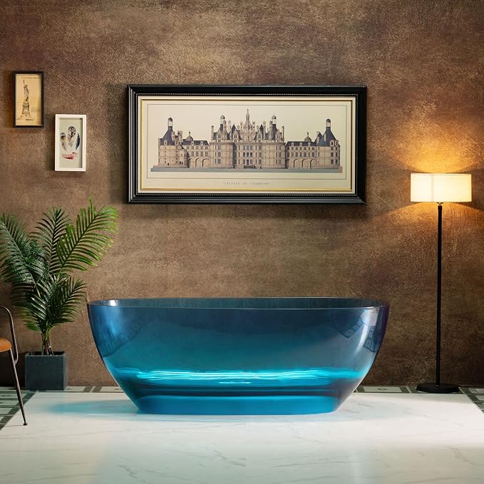 WOODBRIDGE 63" L x 28-3/8" W Transparent Blue Stone Resin Freestanding Soaking by WOODBRIDGE