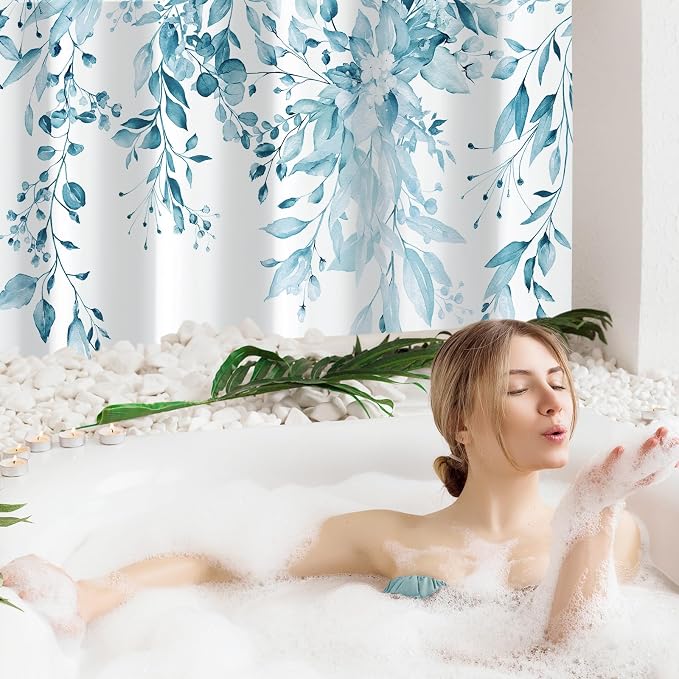 Gibelle Spa Blue Eucalyptus Shower Curtain, Watercolor Plant Leaves - Image 2