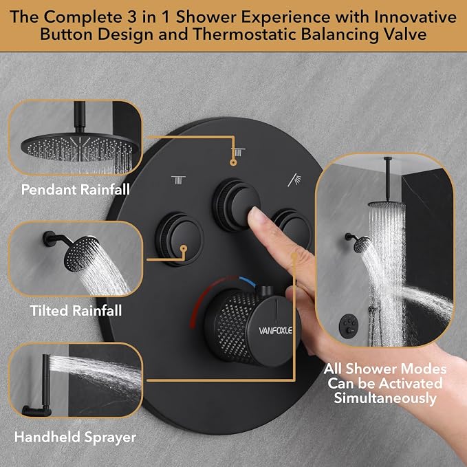 VANFOXLE Thermostatic Shower Faucet Set Matte Black Shower System, Push Button - Image 6