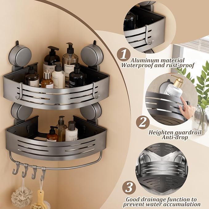 Corner Suction Cup Shower Caddy, No-Drilling Aluminum Shower Shelf - Image 3