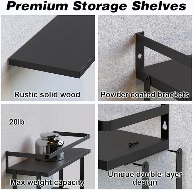 RICHER HOUSE Dual-Level Guardrail Floating Shelves, Rustic Wood Bathroom Shelf - Image 3