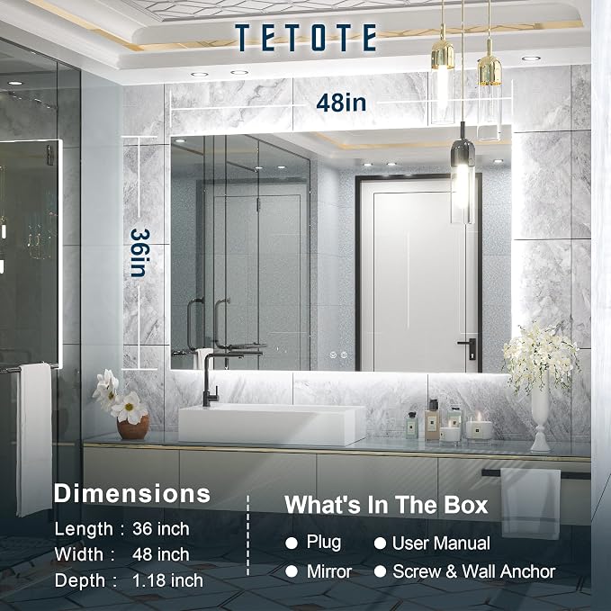 TETOTE 48 x 36 Inch LED Backlit Bathroom Mirror - Image 2