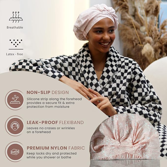 Reusable Shower Cap for Women Reusable Waterproof – Leakproof, Nonslip Hair Cap - Image 2