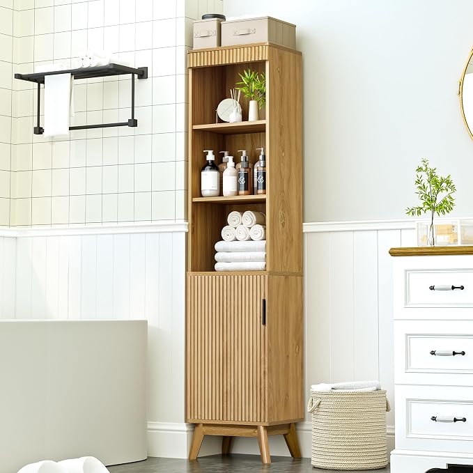 68" Tall Bathroom Storage Cabinet, Narrow Fluted Tower Cabinet - Image 9