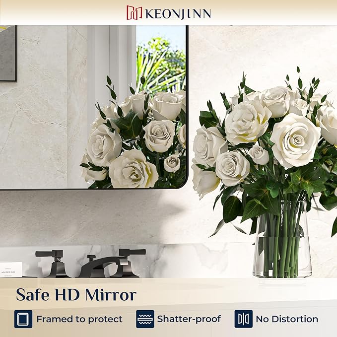 Keonjinn 20 x 32 Inch Black Mirrored Medicine Cabinet, Recessed Medicine - Image 8