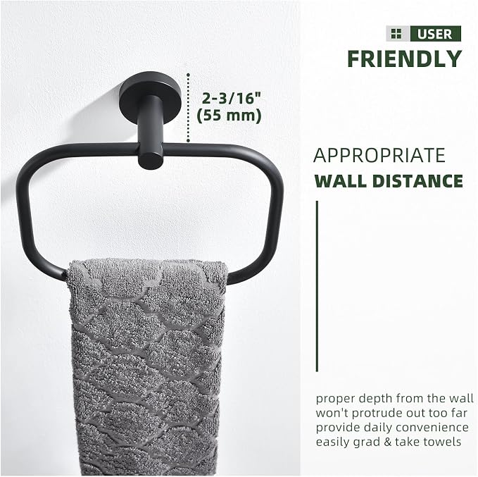 Angle Simple Matte Black Towel Ring Swivel, SUS 304 Stainless Steel Bathroom - Image 7
