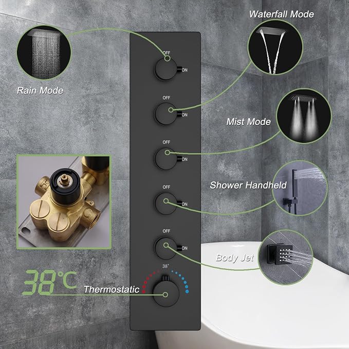 Matte Black Shower System Thermostatic Shower Faucet - Image 5