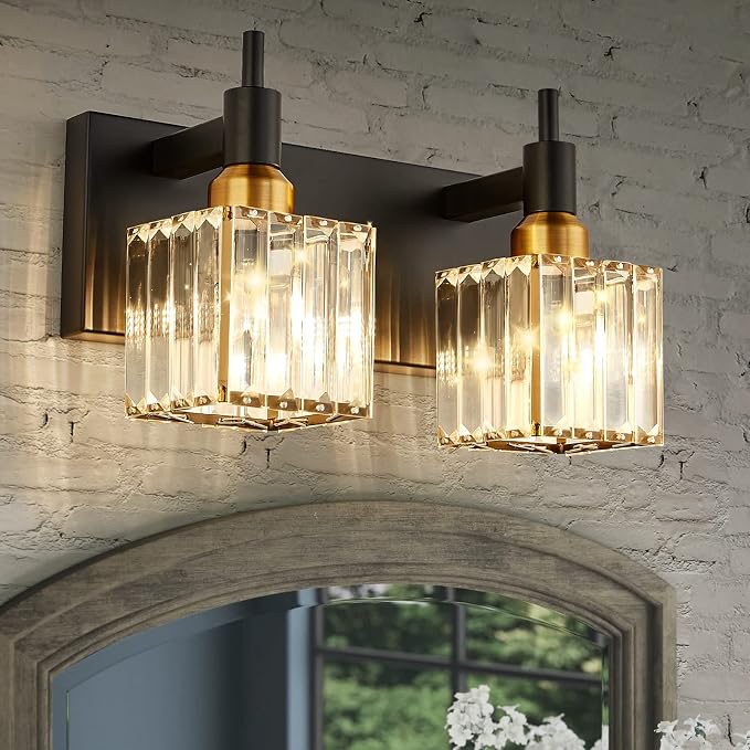 Modern Crystal Bathroom Vanity Light 2-Lights Black and Gold Bathroom Light by HUOKU