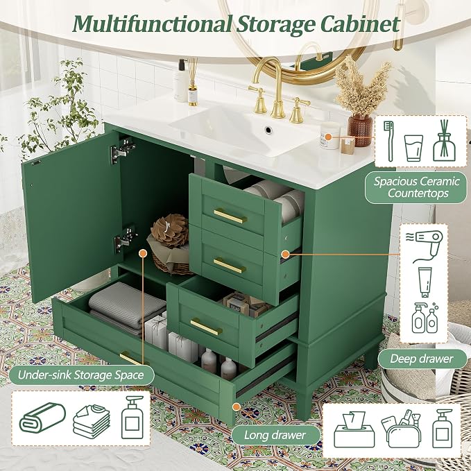 36" Bathroom Vanity with Solid Pine Frame, 1 Soft Close Door and 3 Drawers - Image 4