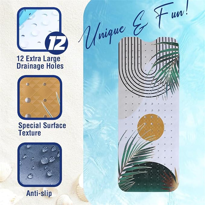 Bathtub Mat Non Slip Boho 40x16in Palm Leaves Extra Long Bohemia Bath Mat - Image 3