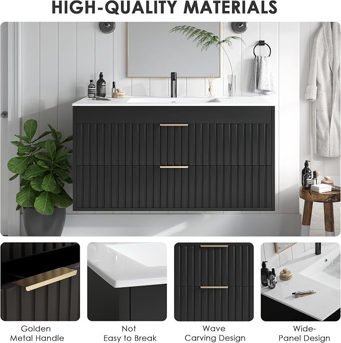36" Bathroom Vanity with Sink, Floating Bathroom Vanity with 2 Fluted Drawers & - Image 6