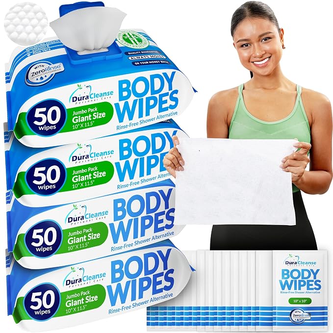 XL Body Wipes for Adults 200 Shower Cloths + 16 Travel Sheets – 10" x 11.5" No by DuraCleanse