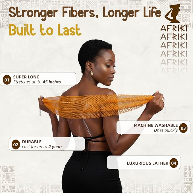 AFRIKI African Net Sponge – Exfoliating Body Scrubber, All Skin Types | 45 in - Image 3