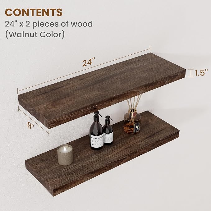Floating Shelves for Wall Decor, 8 Inch Deep Rustic Solid Elm Wood Floating - Image 2