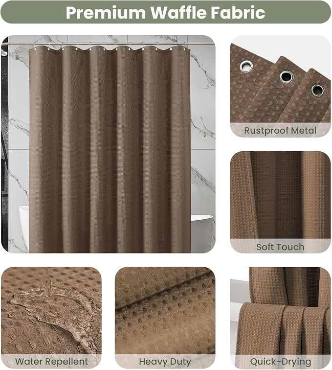 Inhousolu Fabric Shower Curtain Waffle Weave, 230 GSM Heavy Duty, Weighted Hem - Image 3