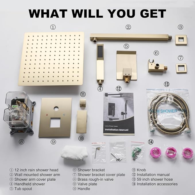 Shower System with Tub Spout, Shower Faucet Set with 12 Inch Rain Showerhead - Image 7