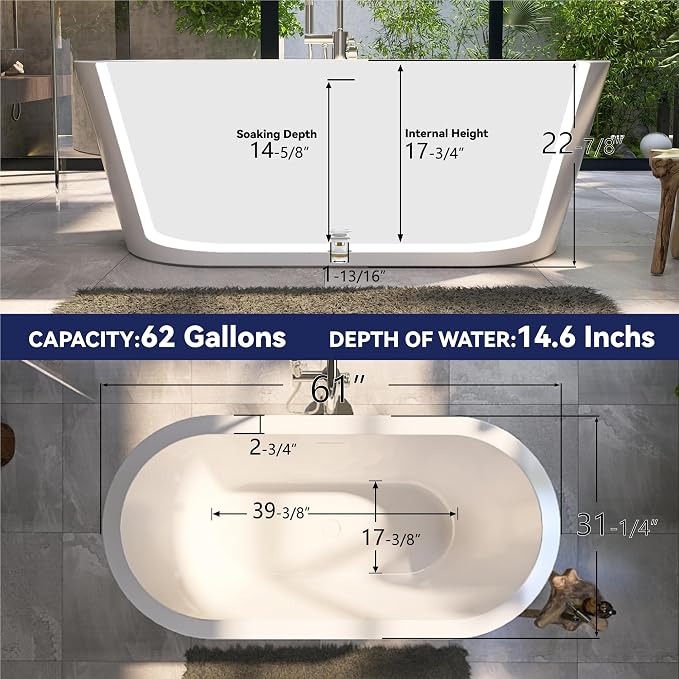 61" Acrylic Free Standing Tub, Stand Alone Tub, Freestanding Bathtub, Soaking - Image 7