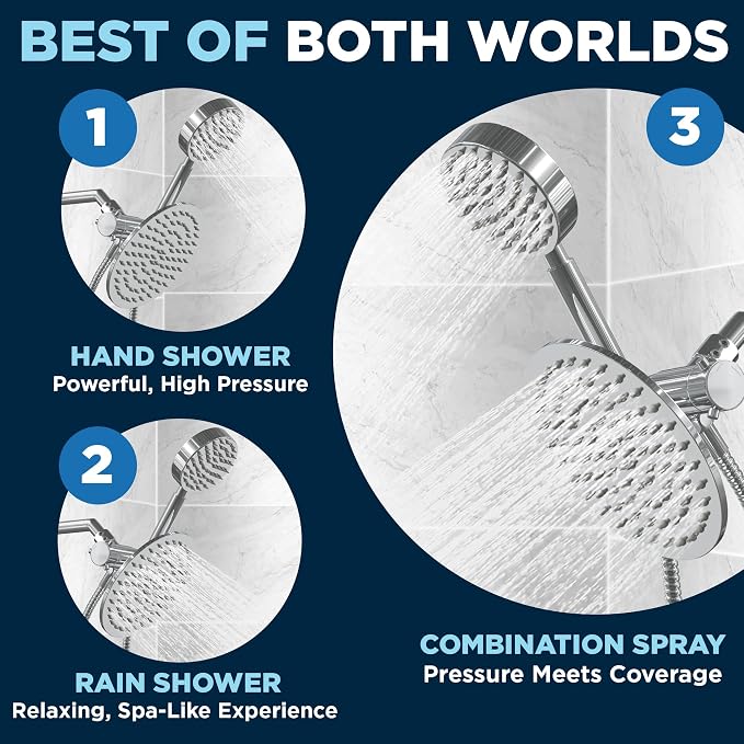 HammerHead Showers® Solid Metal Dual Shower Head Combo – CHROME – 8 Inch - Image 2