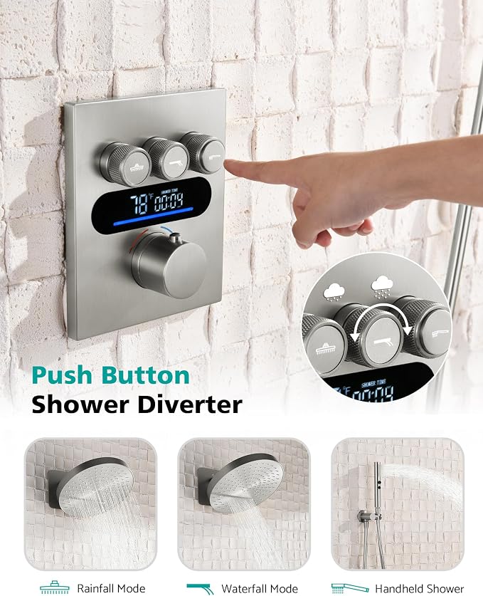 Lefton Shower System in Fahrenheit Display, 13” Overhead Round Rainfall Shower - Image 3
