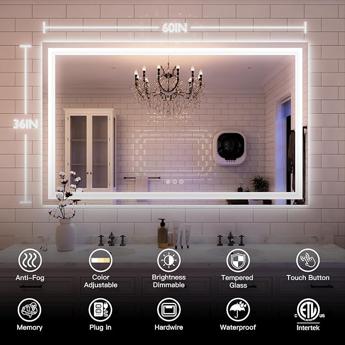 ISKM 60'' x 36'' LED Mirror for Bathroom Lighted Vanity Mirror for Wall Front - Image 7