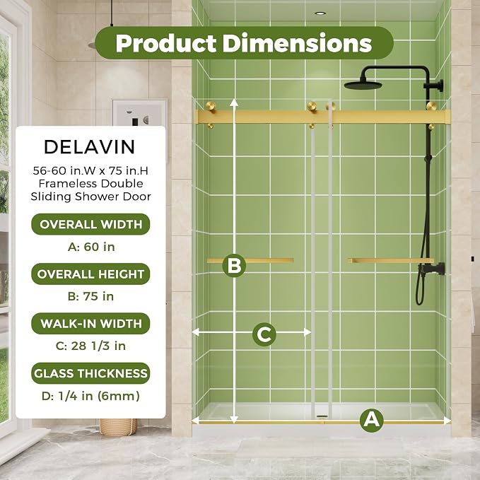 DELAVIN 56-60" W x 75" H Double Sliding Shower Door, 1/4" SGCC Tempered Glass - Image 8