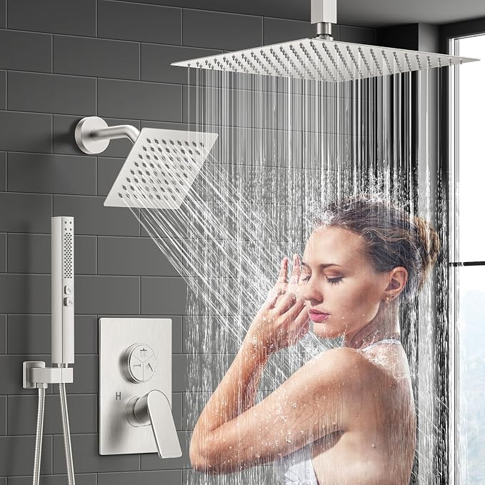 Shower Faucet Set, 3-Setting Push Button Brushed Nickel Shower System, 12 Inch - Image 2