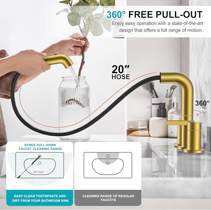 KENES Brushed Gold Pull Down Bathroom Faucet, 8 Inch 2 Handle Widespread - Image 5
