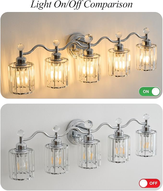 Bathroom Vanity Light, Modern Crystal Bathroom Ligth Fixture, Chrome 5 Light - Image 5