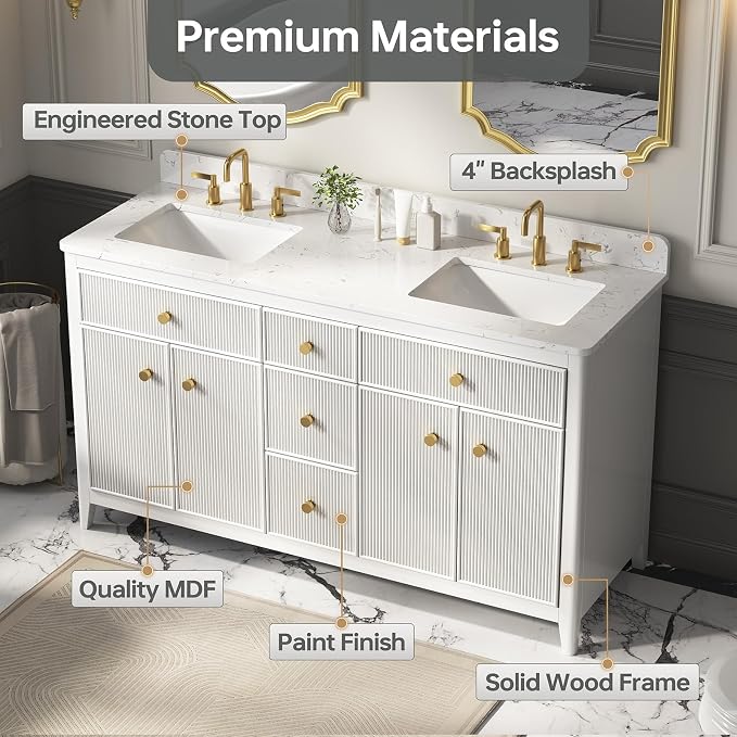 60 Inch Bathroom Vanity with Double Sink, Solid Wood Frame Bathroom Sink - Image 3