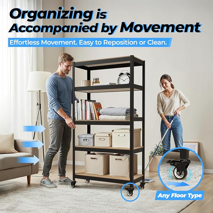 HOMEDANT House 48.1" 5-Tier Metal Rolling Cart Shelf Rack Casters Heavy Duty - Image 6
