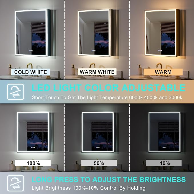 WELLFOR 24" X 30" LED Mirrored Medicine Cabinet, Medicine Cabinets - Image 7