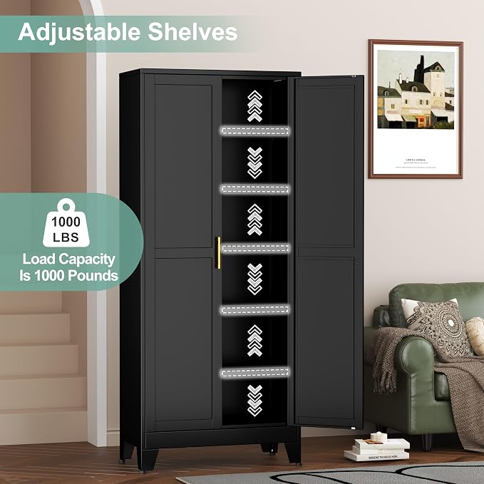 Metal Pantry Cabinet with 2 Doors and 5 Adjustable Shelves, Versatile Storage - Image 5