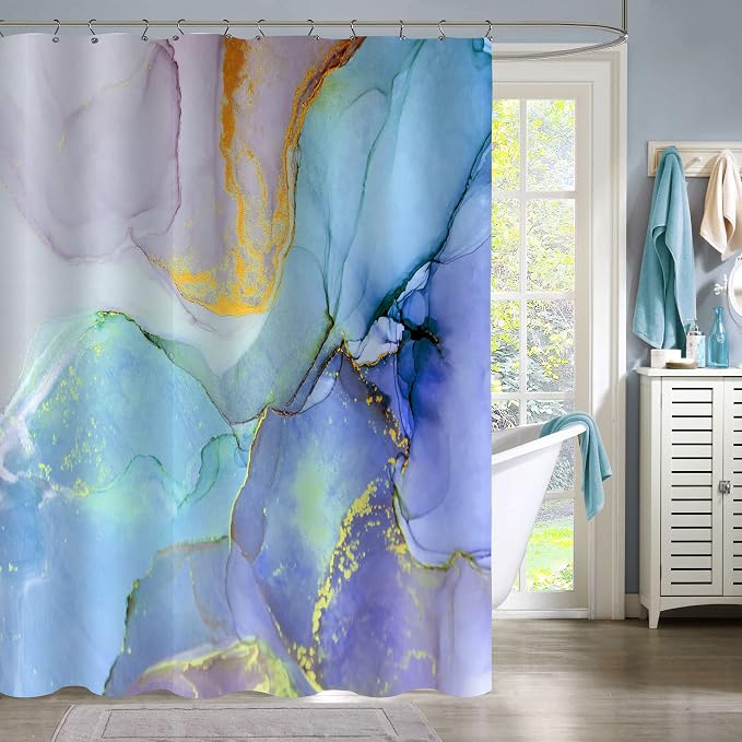 Gibelle Colorful Marble Shower Curtain, Abstract Blue Purple Jade Texture Gold by Gibelle