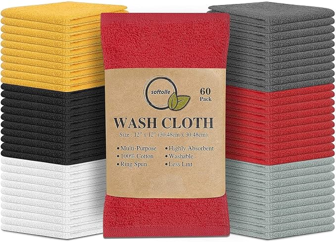 Softolle 100% Cotton Ring Spun Wash Cloths – Bulk Pack of Washcloths – 12x12 by Softolle