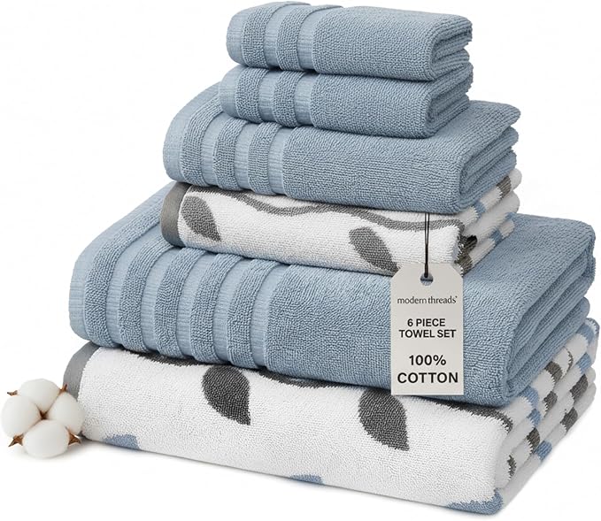 Modern Threads Organic Vines 6-Piece 100% Cotton Towel Set – Yarn Dyed Jacquard by ModernThreads