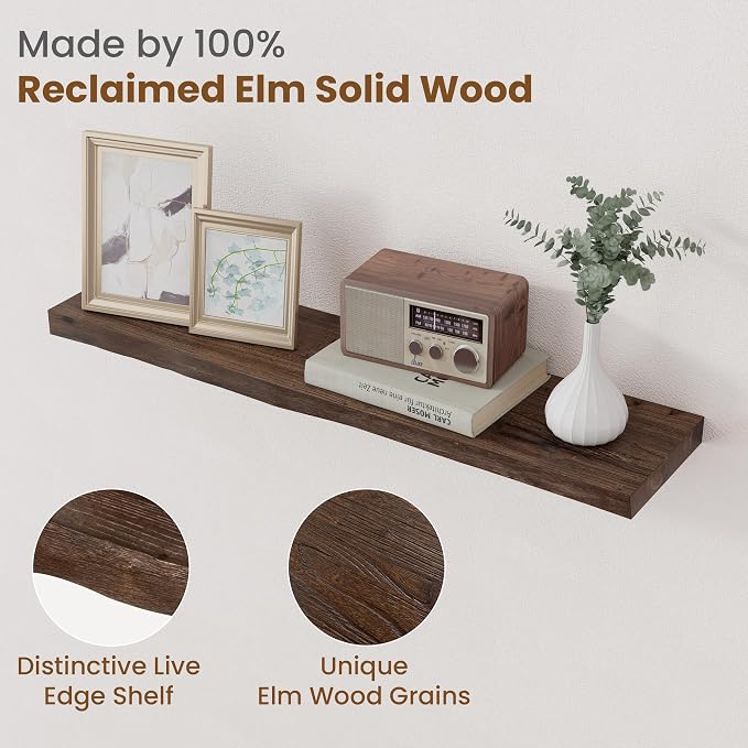 Floating Shelves for Wall Decor, Rustic Solid Elm Wood Live Edge Floating - Image 3