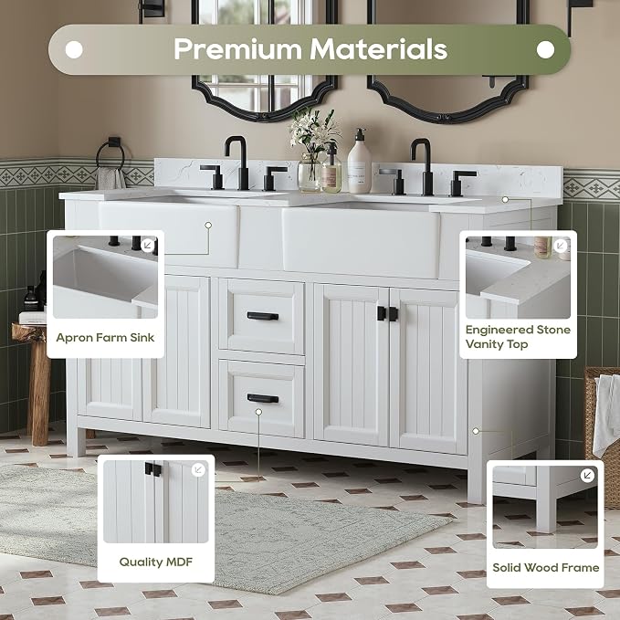 60 Inch Bathroom Vanity with Double Sink, Farmhouse Bathroom Sink Cabinet with - Image 3
