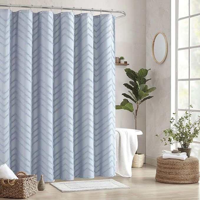 Light Blue Boho Fabric Shower Curtain Tufted Chevron Striped Textured Cloth - Image 7