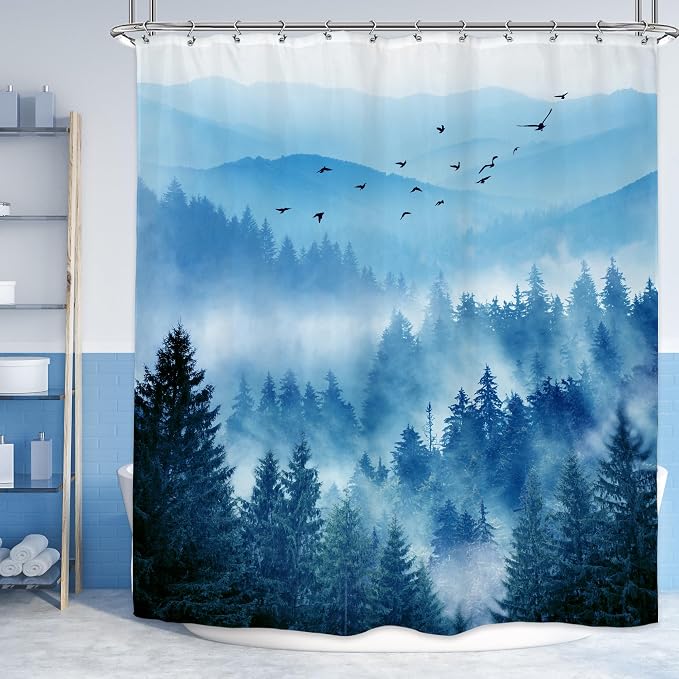 Riyidecor Extra Long Blue Shower Curtain 72Wx78H Inch Foggy Misty Nature - Image 3