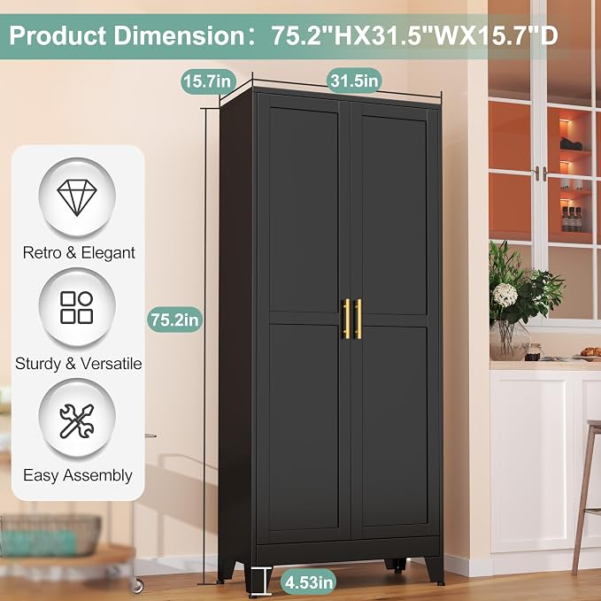 Metal Pantry Cabinet with 2 Doors and 5 Adjustable Shelves, Versatile Storage - Image 3